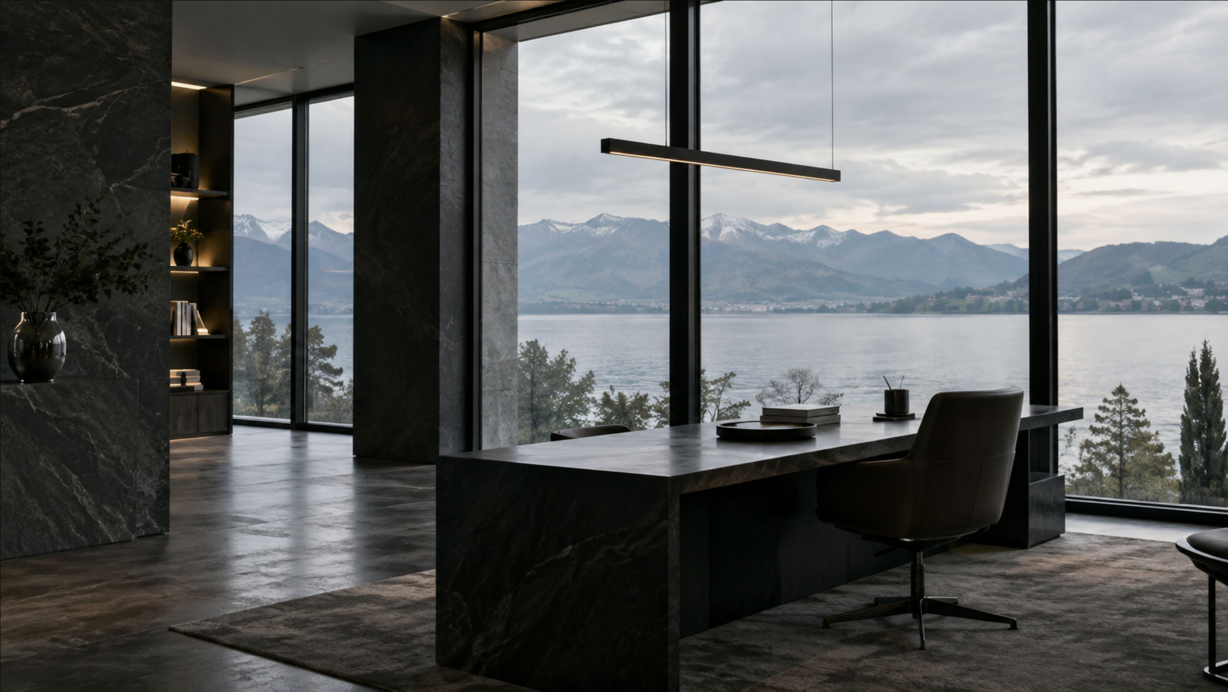 A private modern office overlooking a lake and mountains